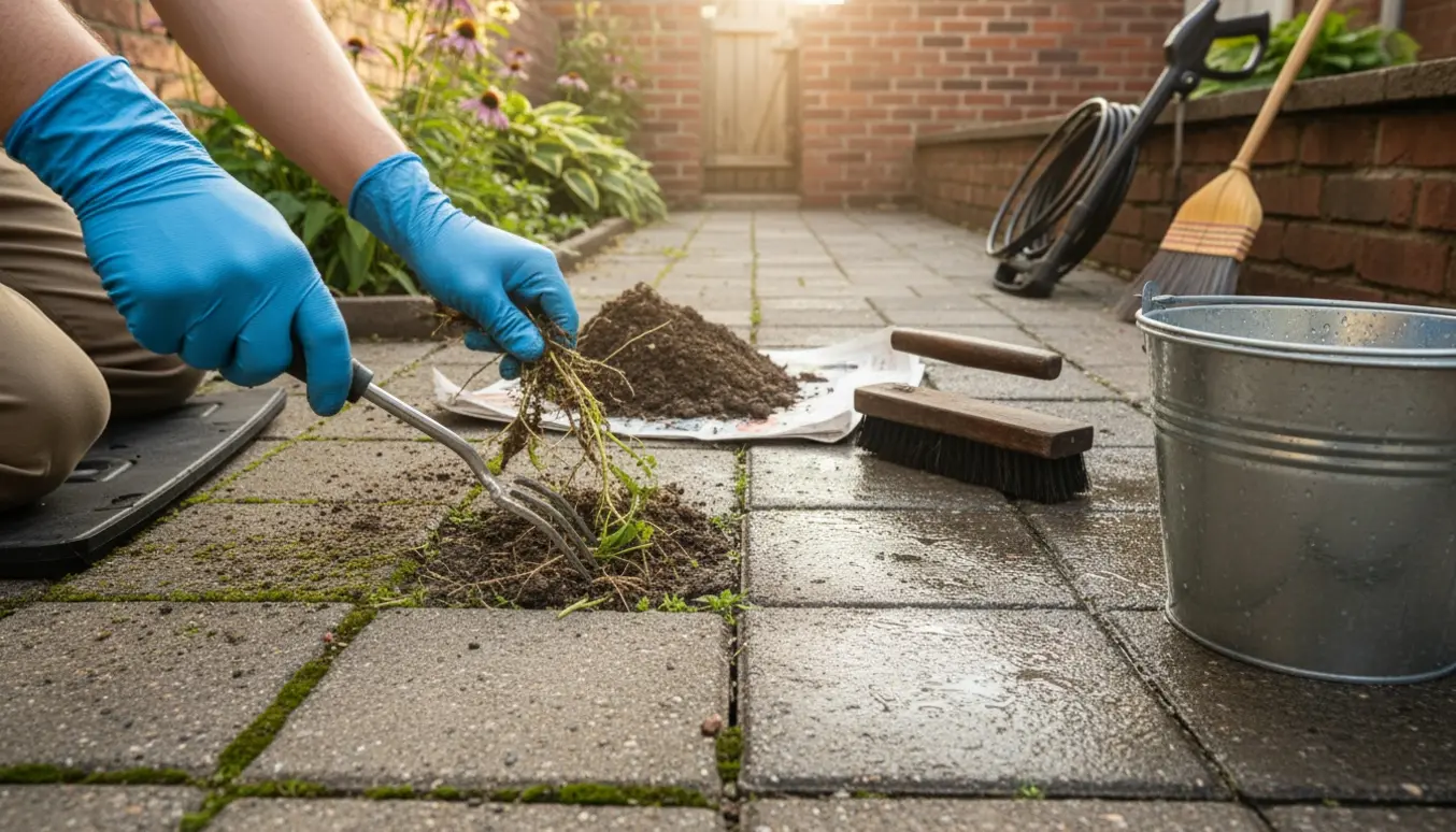 Hænder fjerner ukrudt mellem fliser og renser fliserne i en lille rækkehushave.