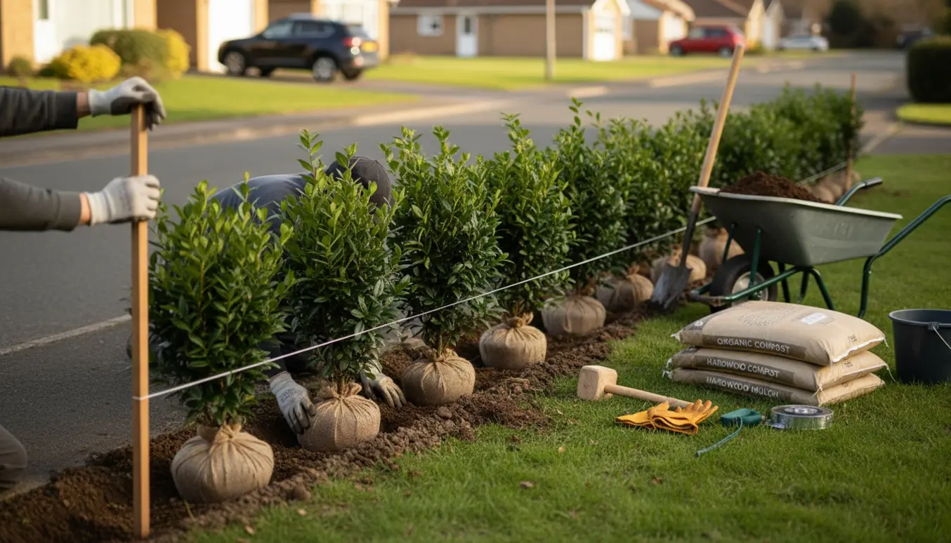 Plantning af en lang kirsebærlaurbær-hæk i en forhave med planter, spade og trillebør.