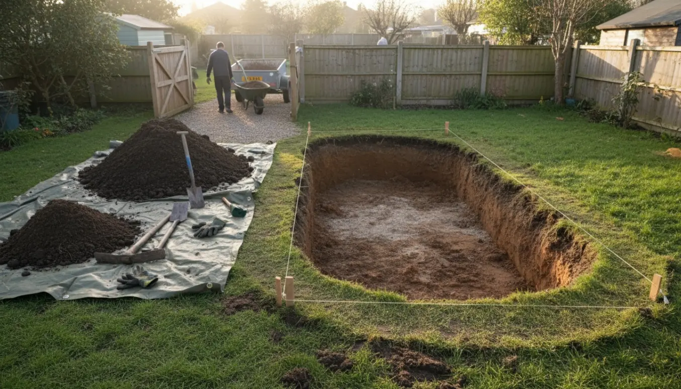 Haveudsigten med et ovalt udgravet hul til trampolin, jordbunker, trillebør og værktøj ved en smal indgang.