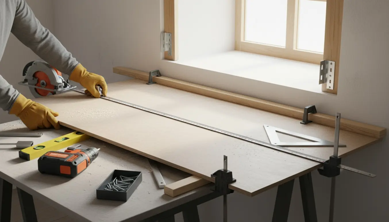 MDF-plade måles og saves klar til montering som vindueskarm i et solbelyst vindueshul.