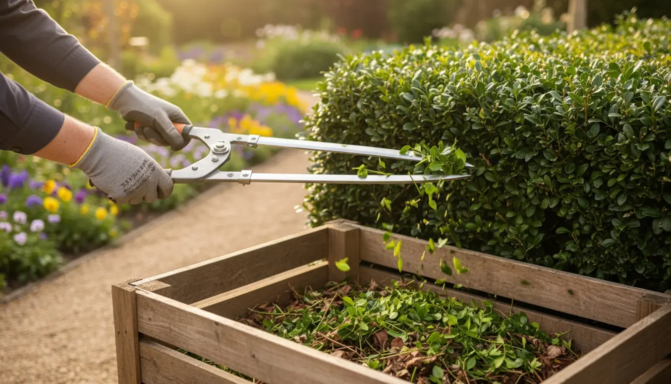 En person klipper en hæk og kaster afklip i en åben trækompostbeholder i en have.
