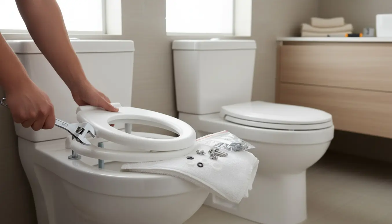 Nærbillede af installation af nyt toiletsæde på et hvidt toilet i et lyst, moderne badeværelse.