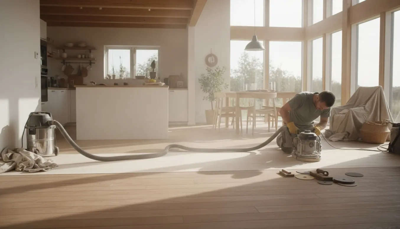 Gulvslibemaskine sliber plankegulv i et lyst sommerhus-køkken-alrum med synlig kontrast mellem slebet og uslebet træ.