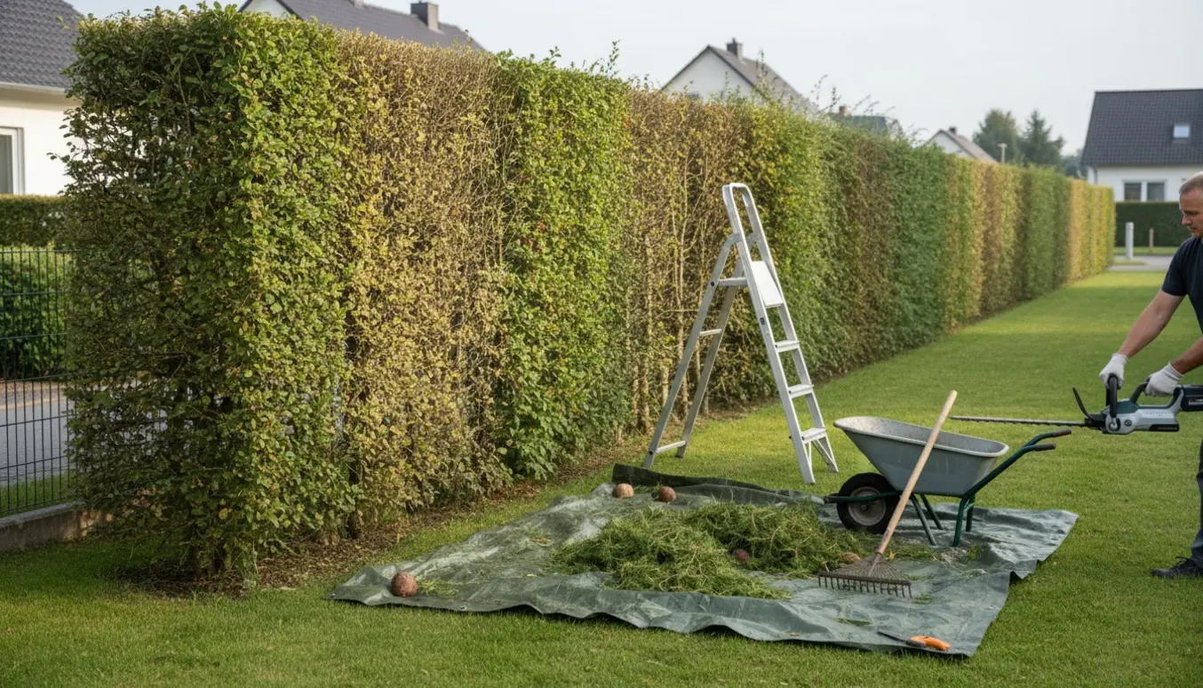En person trimmer en lang lærkehæk med elektrisk hækkeklipper, og klippeaffald ligger på en presenning.