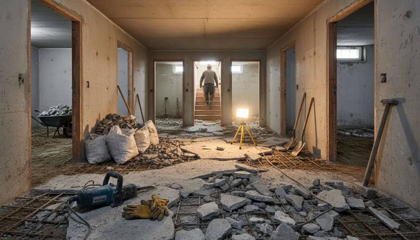 Kælder med delvist nedbrudt betongulv, bunker af byggeaffald, værktøj og trappe til bortskaffelse.