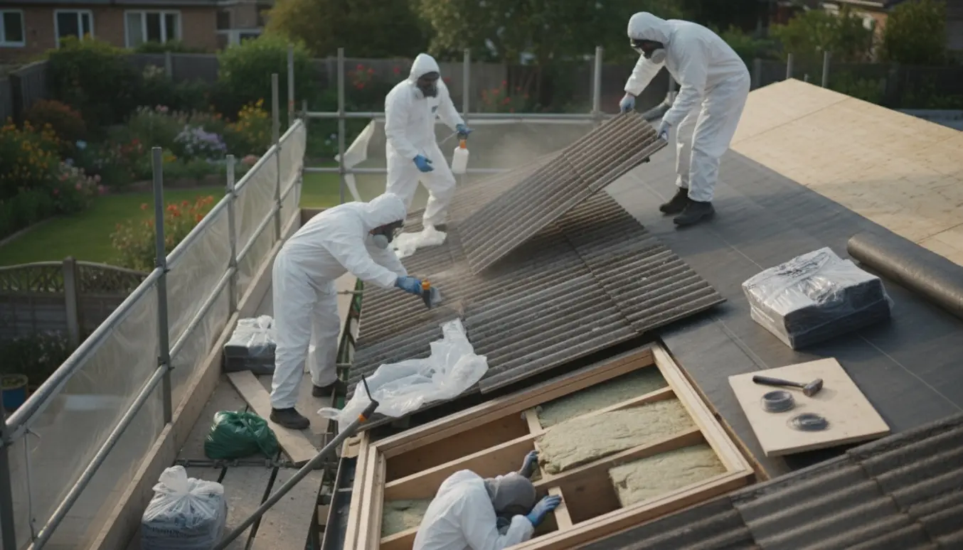 Håndværkere i beskyttelsesdragter fjerner asbesttag og ruller nyt tagpap ud, mens loftsisolering udskiftes.