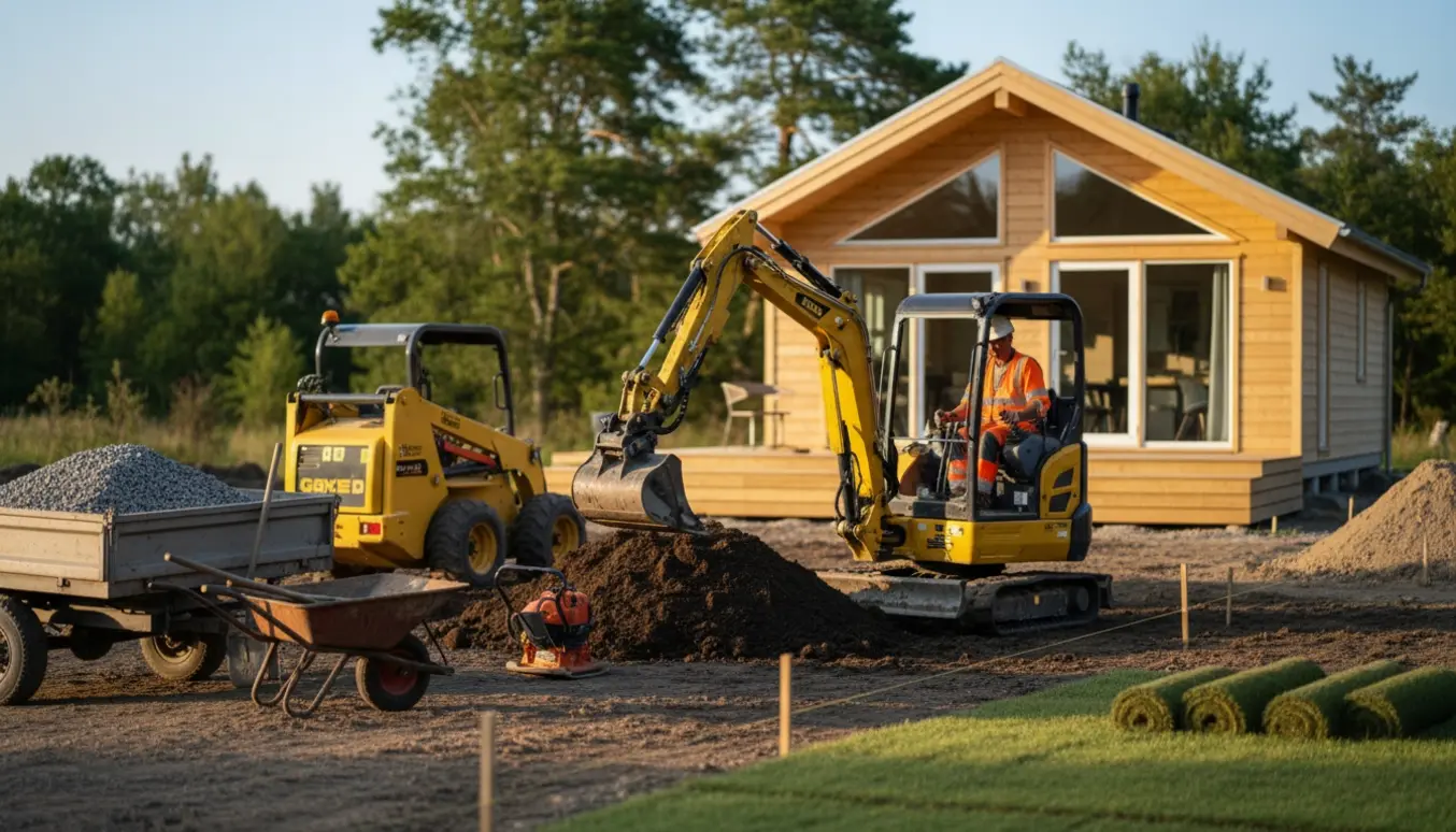 Mini-graver og en arbejder anlægger terræn omkring et nybygget sommerhus med topjord, grus og rullegræs.