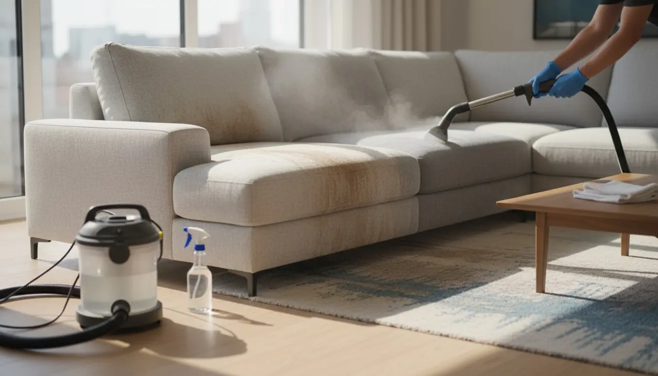 Damprensning af en lysegrå chaiselongsofa og delvist renset tæppe i en lys stue med rengøringsudstyr i forgrunden.