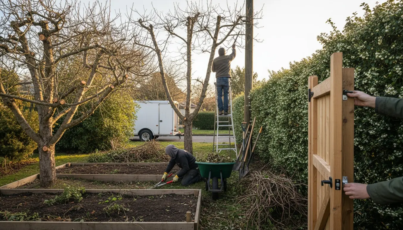 Havemiljø med to beskårne æbletræer, ny åbning i snebærhæk med trælåge, opgravede bede og bunker af grene klar til bortkørsel.