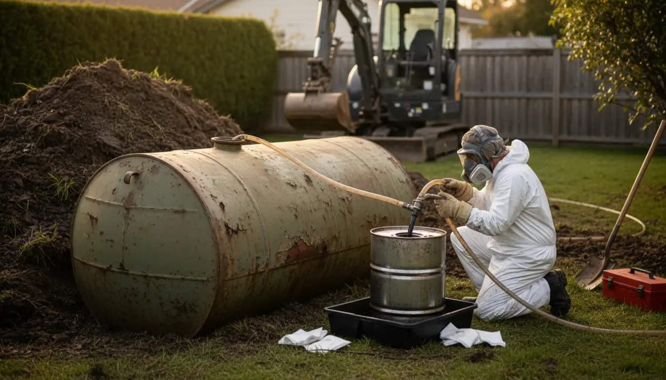 Delvist gravet og tømt olietank ved hjørnet af en grund med en arbejder, der pumper olie over i en opsamlingsdunk.