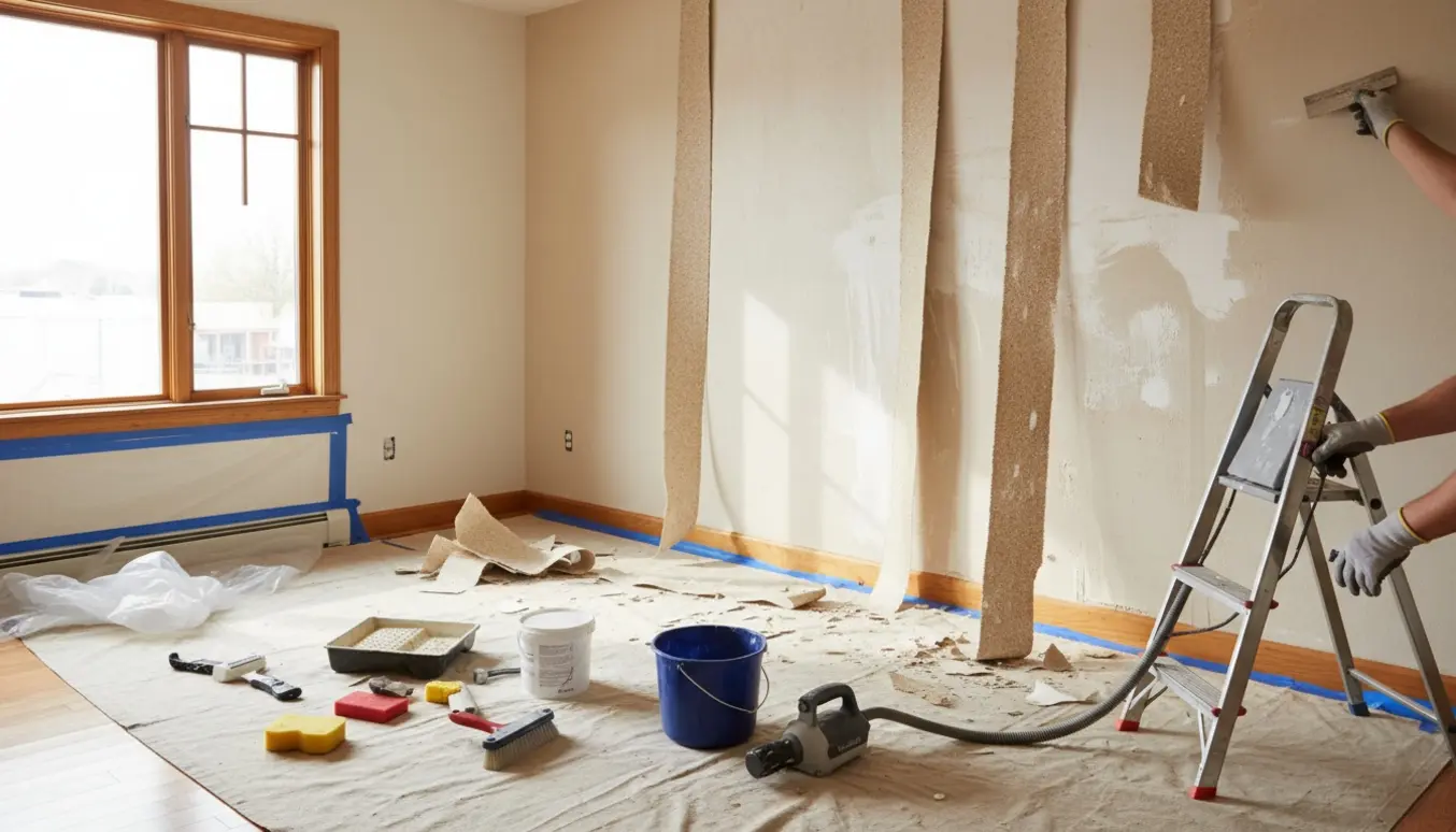 Stue under renovering hvor savsmuldstapet fjernes med skraber, damper, stige og afdækningspresenning på gulvet.