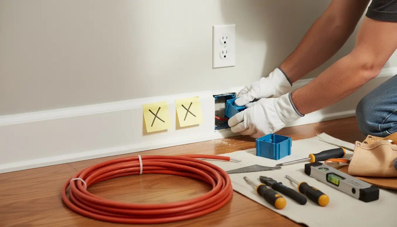 Autoriseret elektriker monterer to ekstra stikkontakter ved fodpanelet i et solbelyst værelse med gule post-it-mærker ved placeringerne.