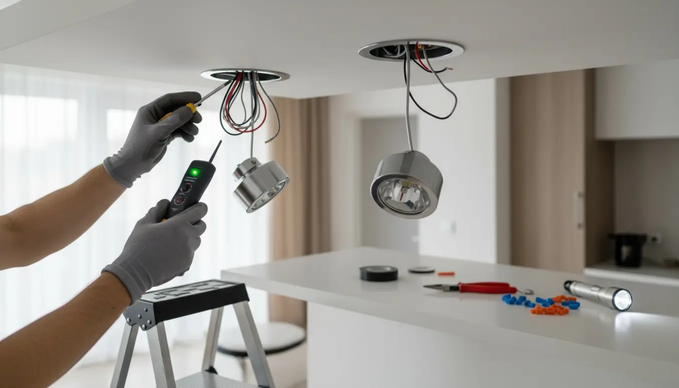 En person på en stige reparerer og inspicerer to indbyggede spots i et lejlighedsloft, hvor den ene hænger ned og den anden er afmonteret.