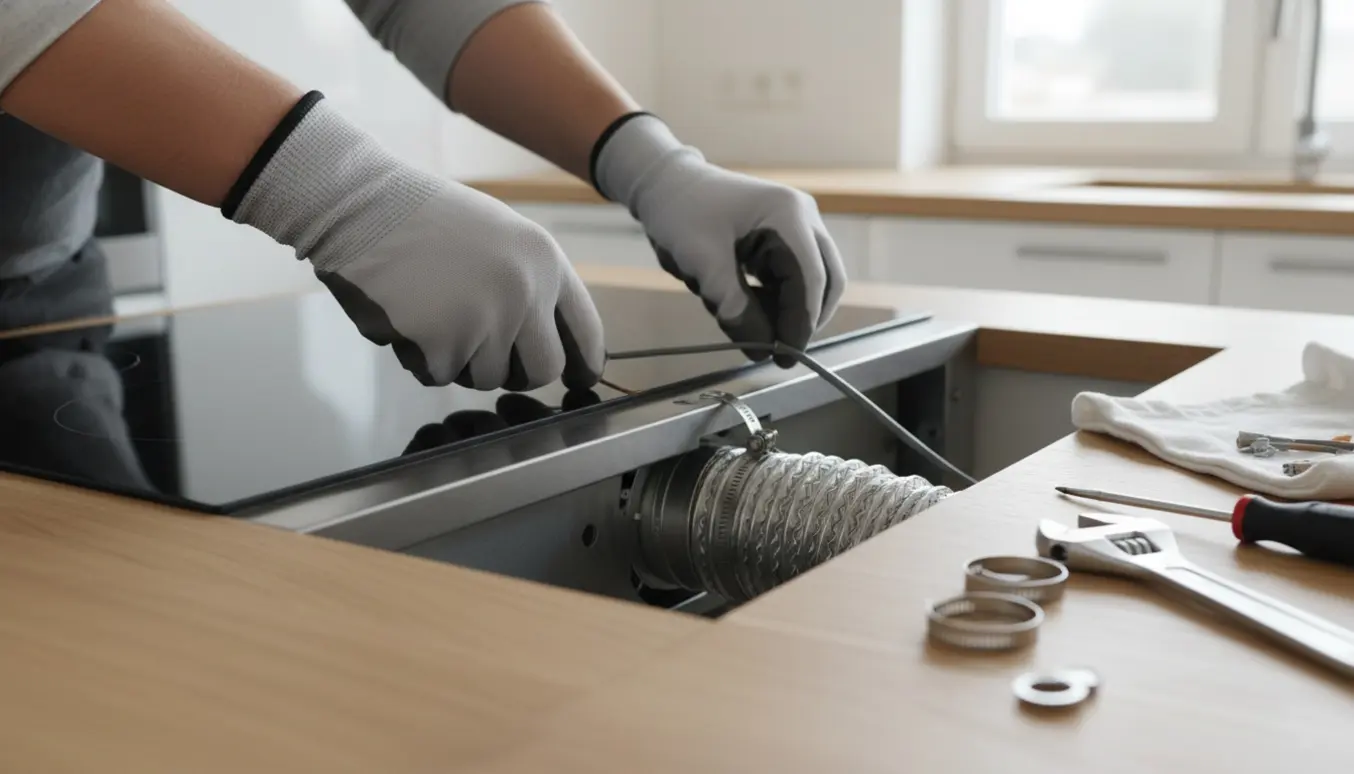 Nærbillede af hænder, der tilslutter emhætte- og strømtilslutninger under en moderne indbygget kogeplade i et lyst køkken.