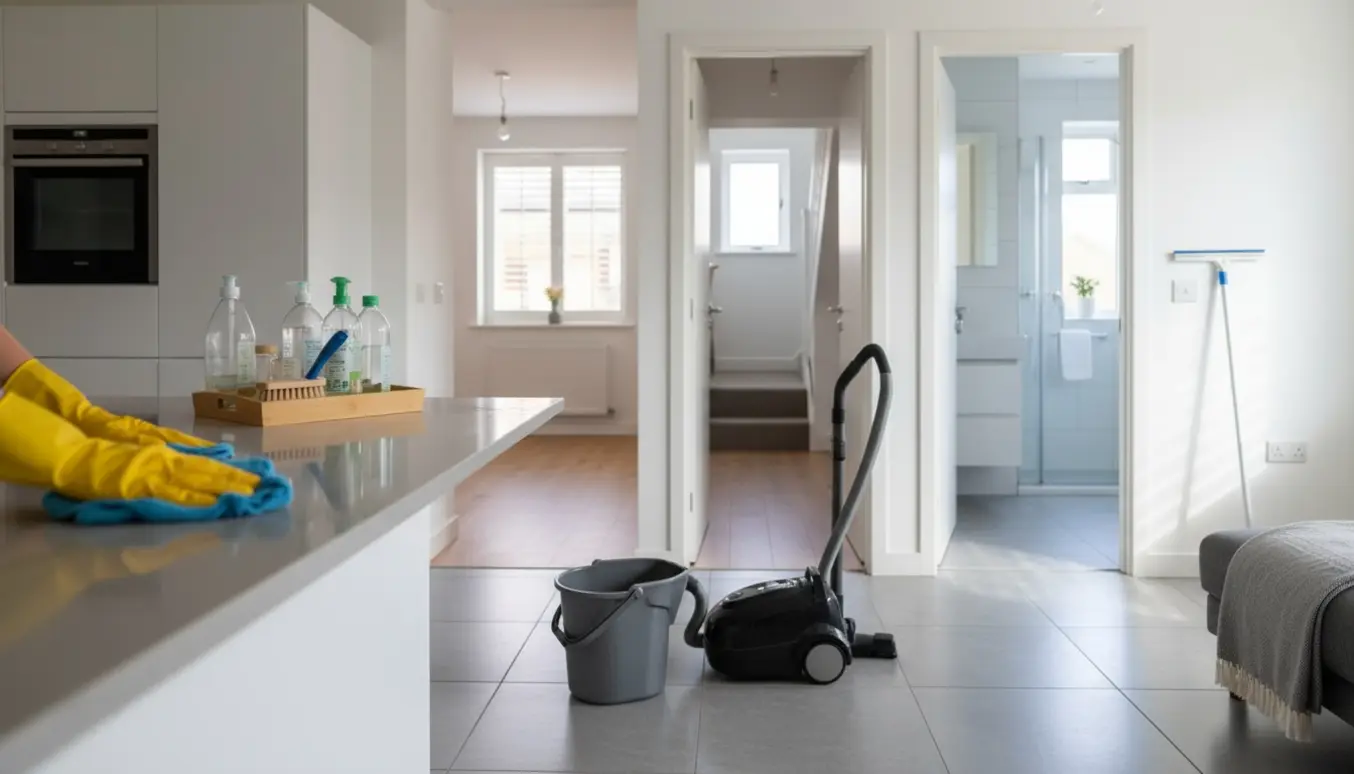 Tom rækkehusstue og køkken under slutrengøring med moppe, støvsuger og skinnende overflader.
