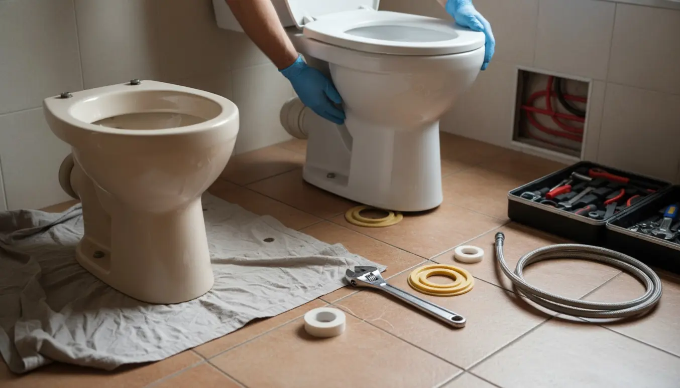 Nyt toilet monteres på flisegulv med værktøj ved siden af og synlig gulvvarme i en åben adgang.