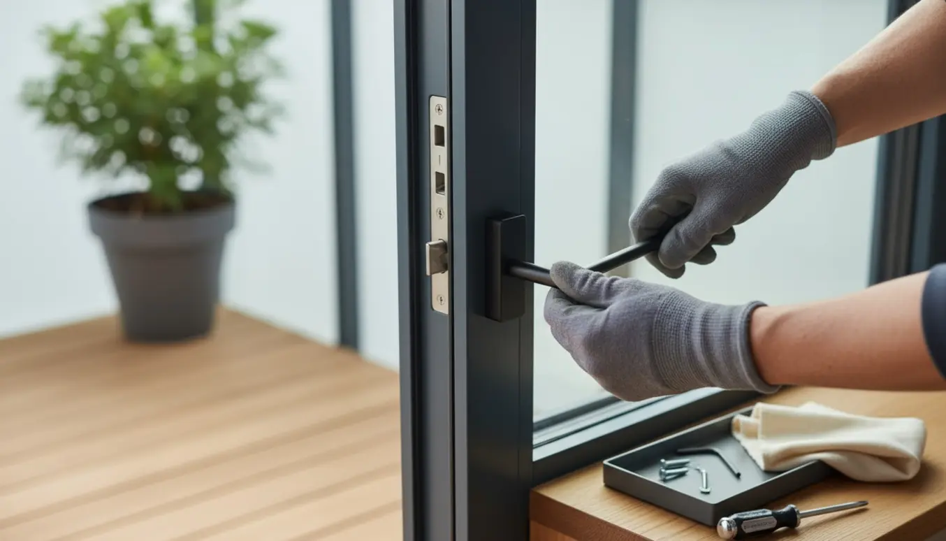 Nærbillede af hænder, der udskifter dørgreb på højre side af en moderne aluminium altandør.