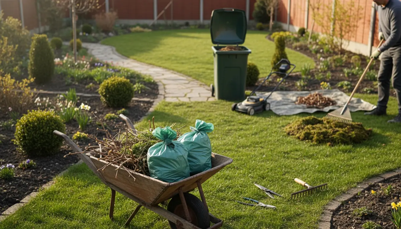 Lille 50 m² have i forårsklargøring med trillebør fyldt haveaffald, rive og hænder, der arbejder uden synlige ansigter.