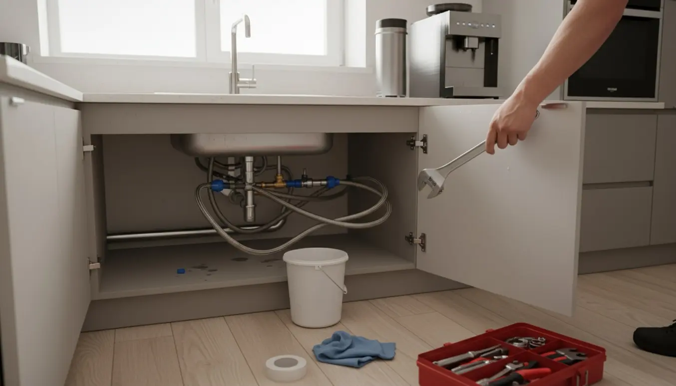VVS-installatør frakobler en kaffemaskine og et vandfilter under en køkkenvask med værktøj og slanger synlige.