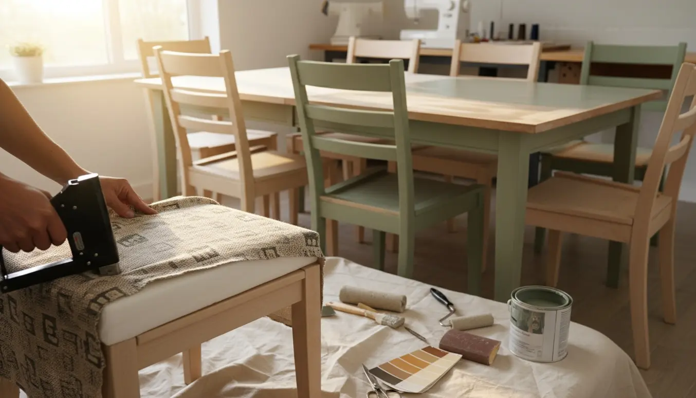 Spisebord og stol under lakering og ombetrækning med stof, hæftepistol og malerredskaber.