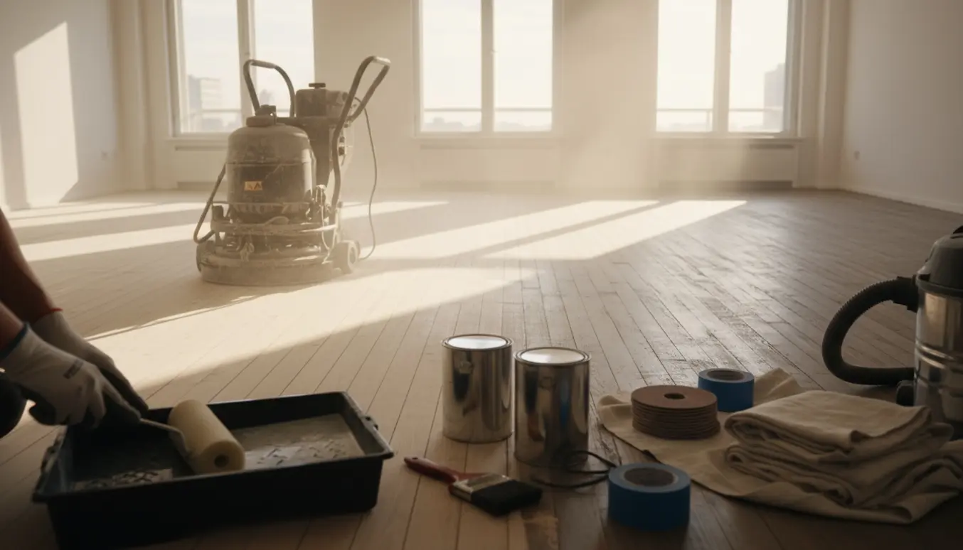 Tømt lejlighed med delvist afslibet trægulv, slibemaskine, dåser med klar mat lak og værktøj i naturligt sollys.