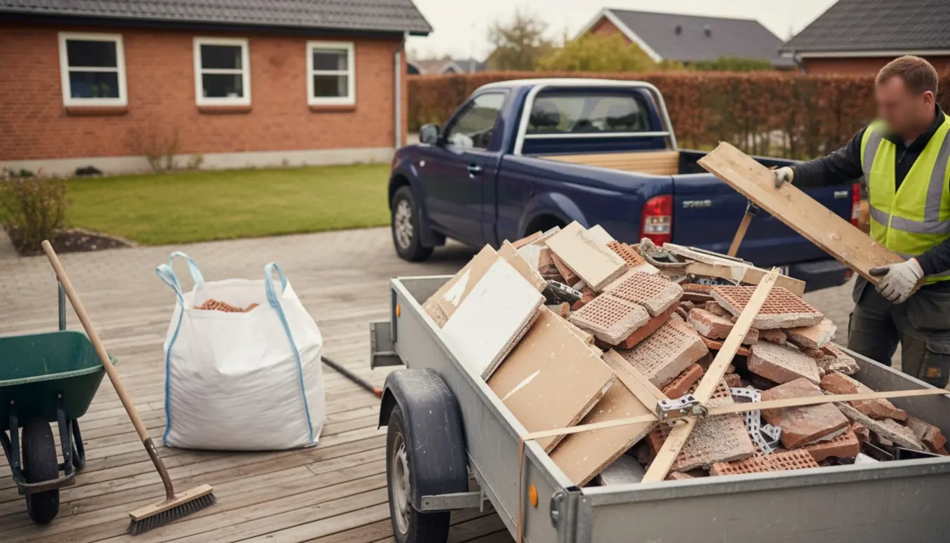 Trailer læsses med nedrivningsaffald ved en terrasse i Hvidovre, mens en lukket byggesæk står tilbage på terrassen.