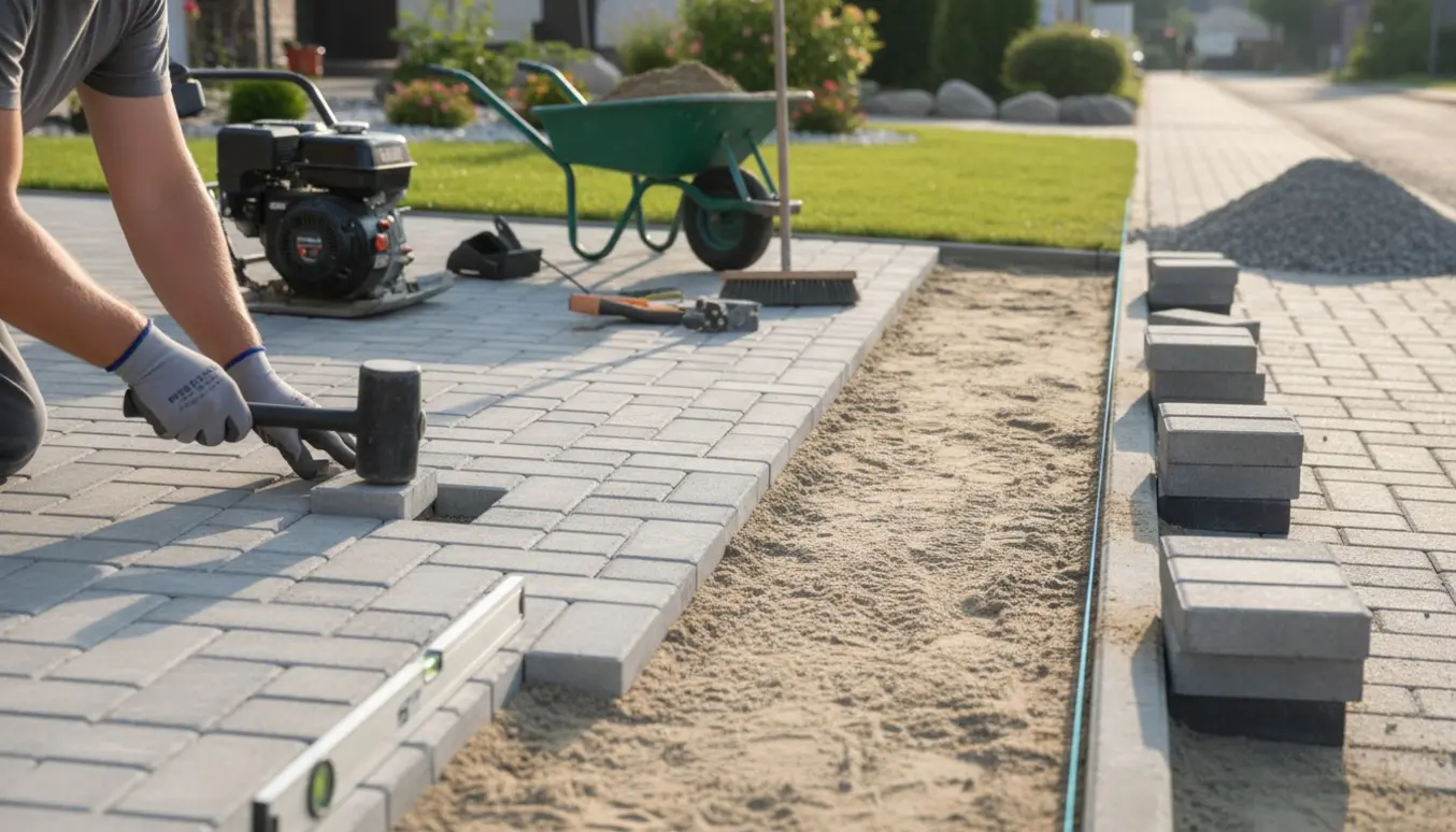 Indkørsel med nyanlagte fliser og et langt fortov under renovering, med værktøj i forgrunden.