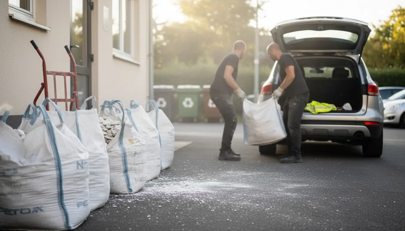 Sække med nedbrudt gips klar til at blive læsset i en bil ved stueetagen.