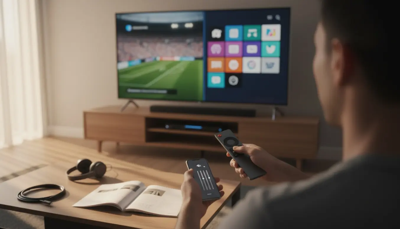 En person set bagfra justerer fjernbetjeningen foran et smart-tv med appfliser og soundbar i en stue.