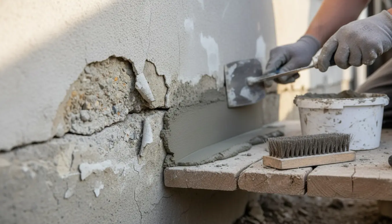 Nærbillede af sokkel med afskallet puds, hvor handsker glatter frisk mørtel i revnerne.