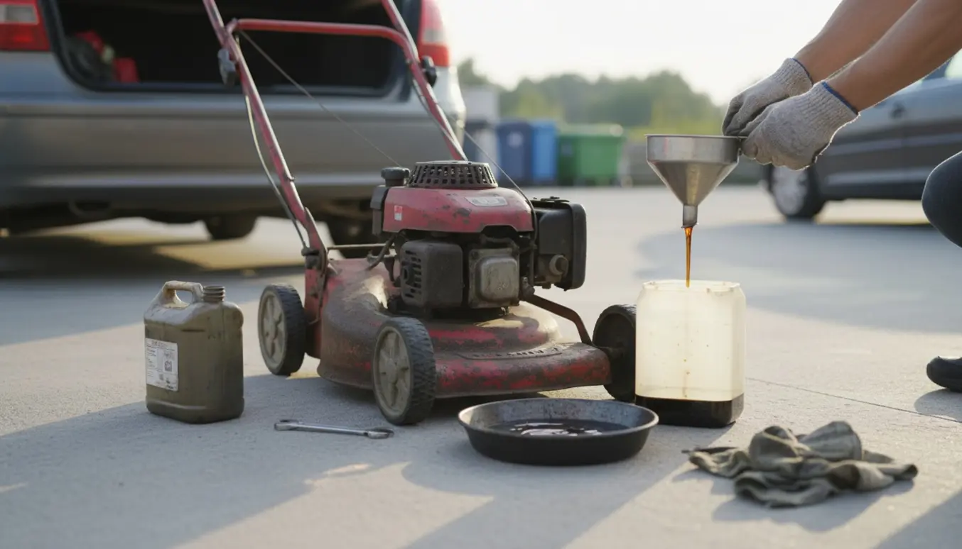 En gammel Klippo-plæneklipper tømmes for benzin og olie ved indkørslen klar til aflevering på genbrugspladsen.
