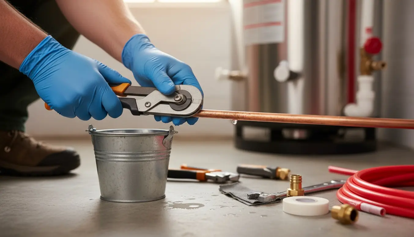 Nærbillede af udskiftning af et lækkende vandrør ved en varmtvandsbeholder med handsker og værktøj.