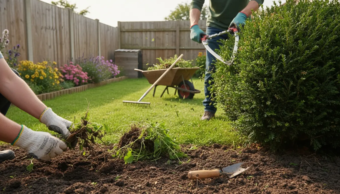 Handskerklædte hænder fjerner ukrudt foran en nysklippet hæk med en kompostbunke i baghaven.