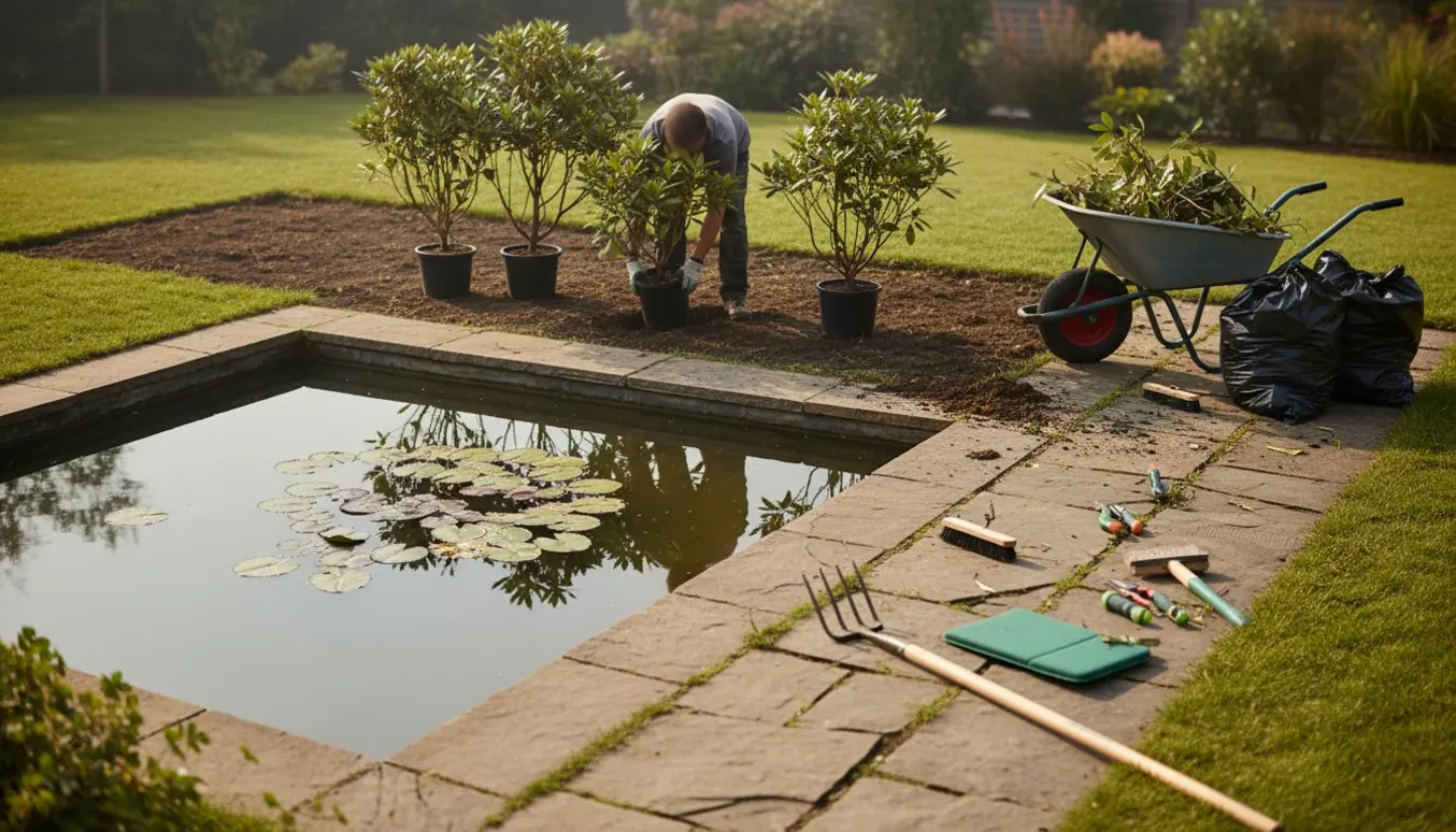 Rydning og beplantning ved en dam med nyplantede rhododendron, værktøj og fyldte affaldssække.