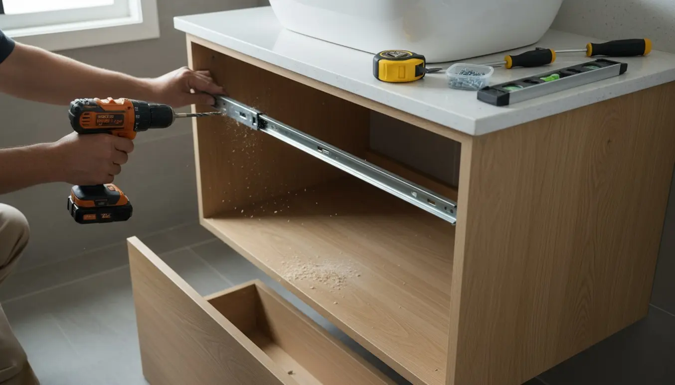 Nærbillede af hænder, der borer nye huller og monterer skuffer i et væghængt badeværelsesmøbel uden forborede huller.