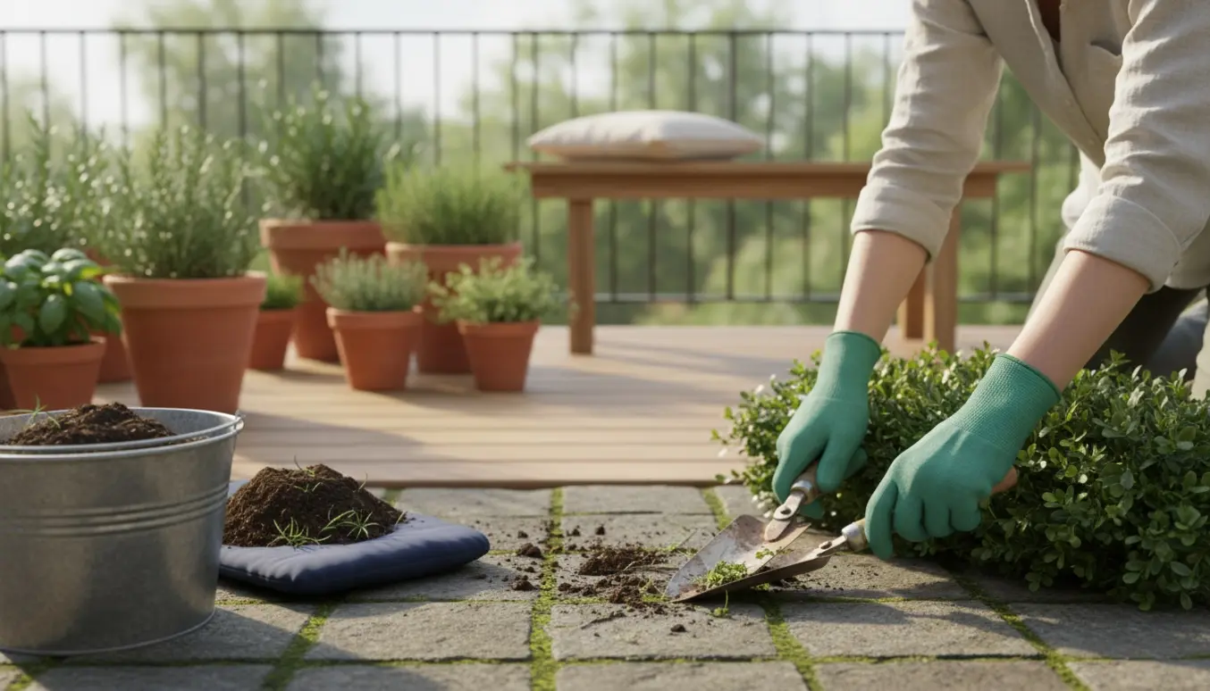 Gloved hænder fjerner ukrudt mellem terrassefliser, mens en lav hæk bliver klippet.