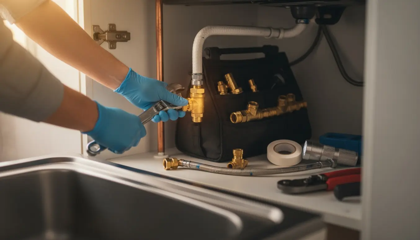 Hænder installerer en ekstra ballofix under køkkenvasken med værktøj og reservedele.