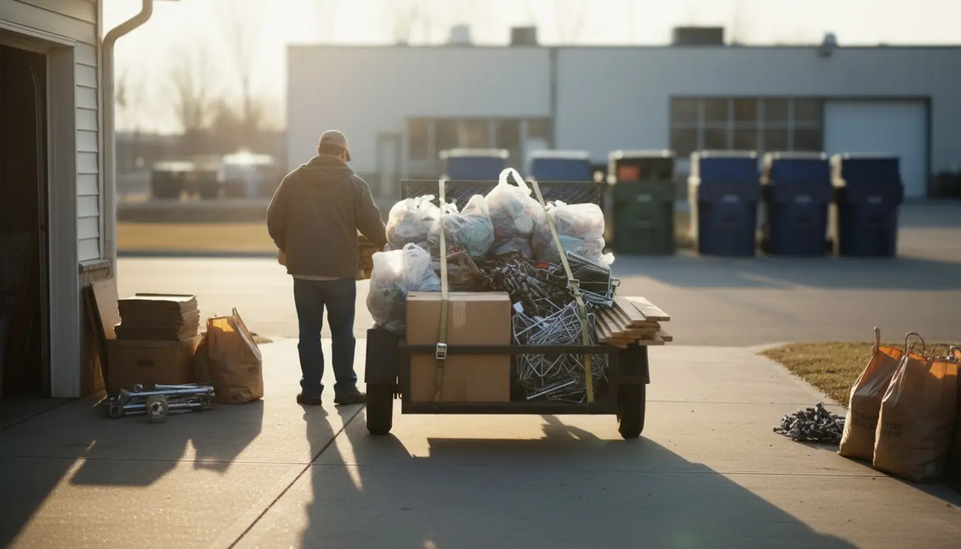 Mand set bagfra læsser en trailer med sorteret affald på indkørslen klar til aflevering på genbrugspladsen.