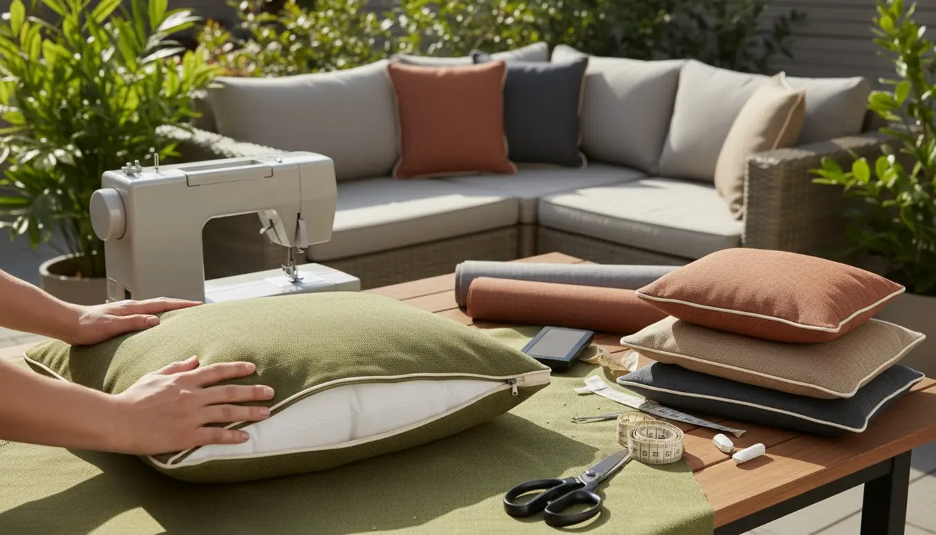 Hænder ombetrækker en hynde ved en symaskine på en terrasse med stofruller og færdige hynder ved en hjørnesofa.