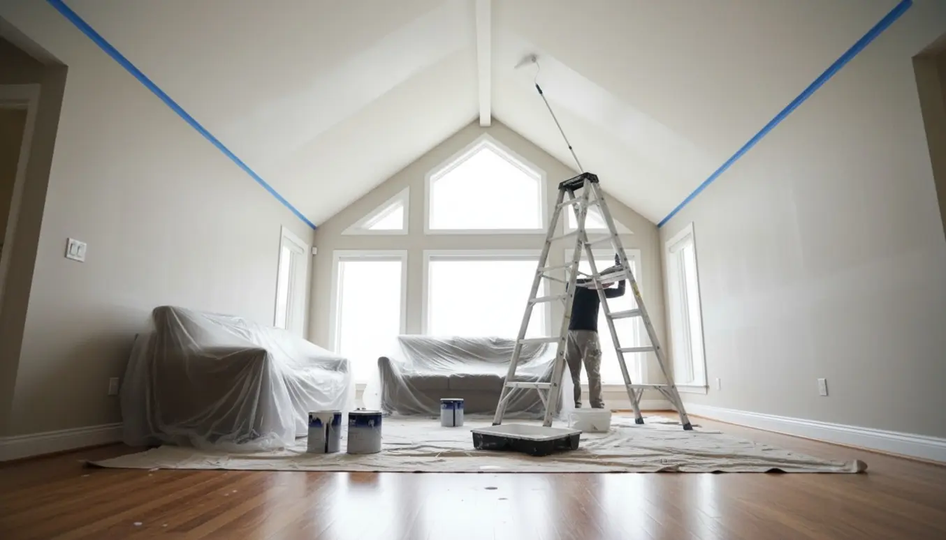 Rummelig nymalet stue med loft til kip, malergrej og afdækning klar til arbejde.