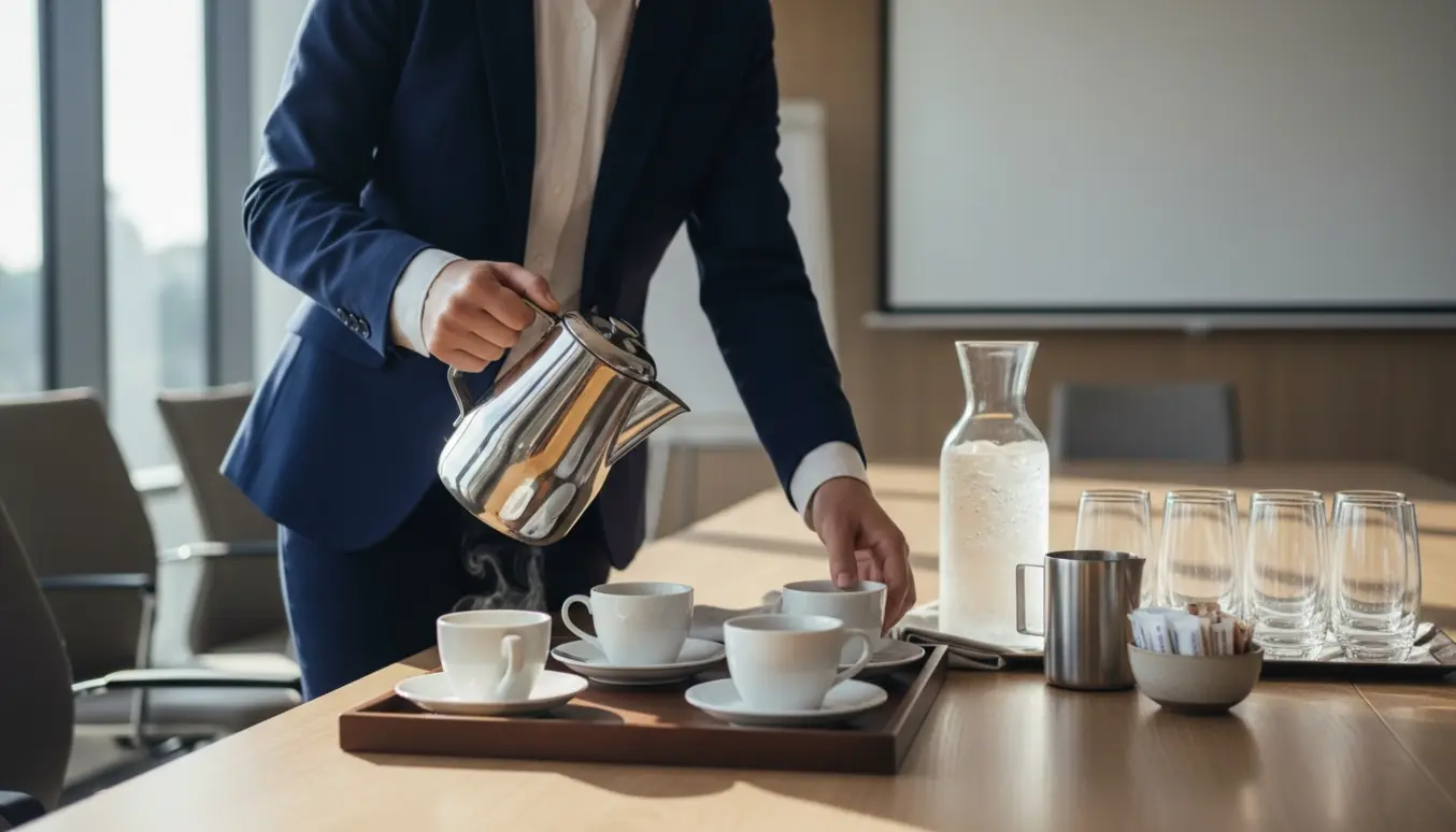 Tjenende person sætter friske kaffekopper og en kold vandkaraffel på et ryddeligt mødebord.