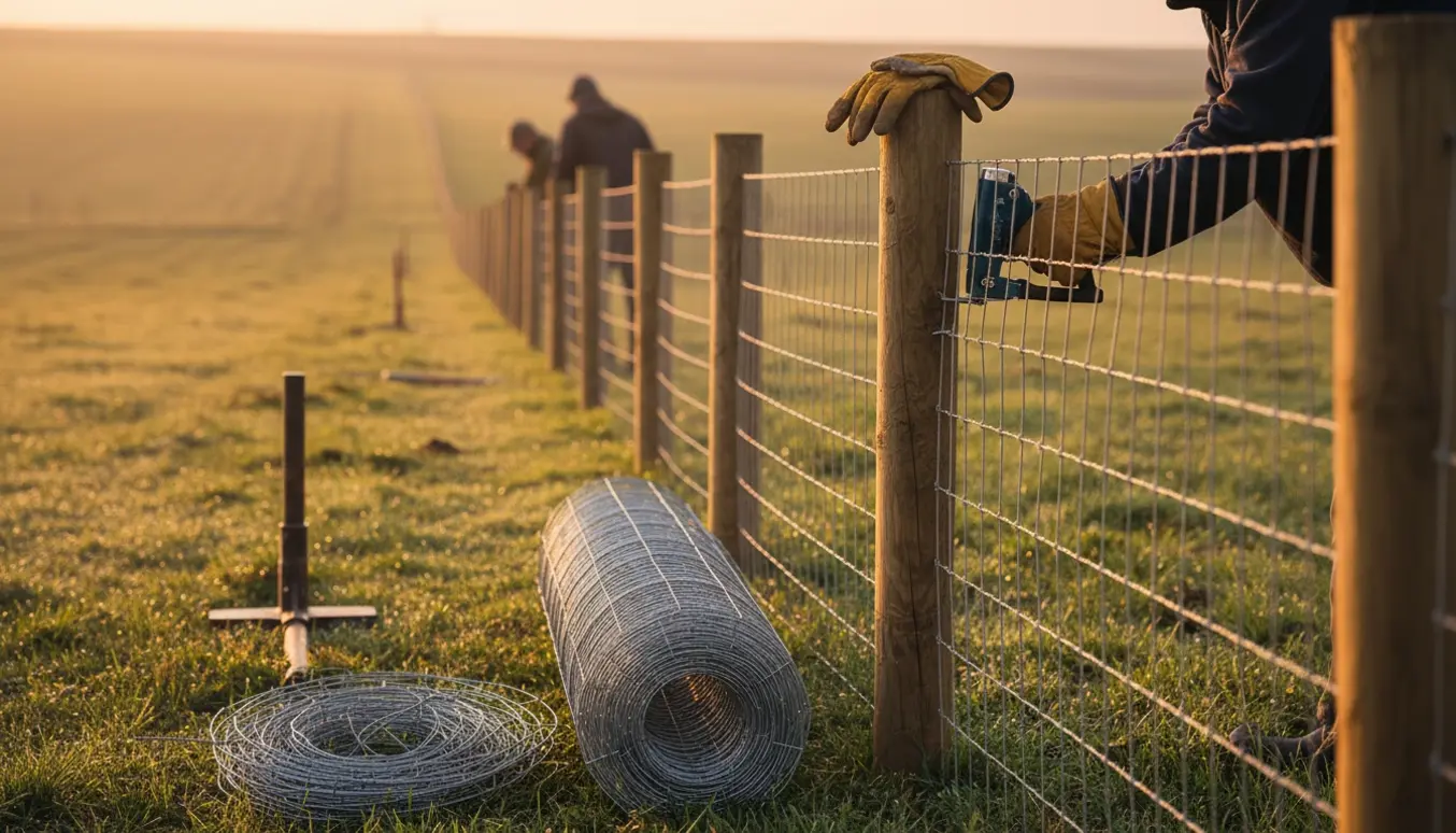 Lang række et meter højt dyrehegn i en landlig mark med ruller af trådnet og værktøj klar til opsætning.