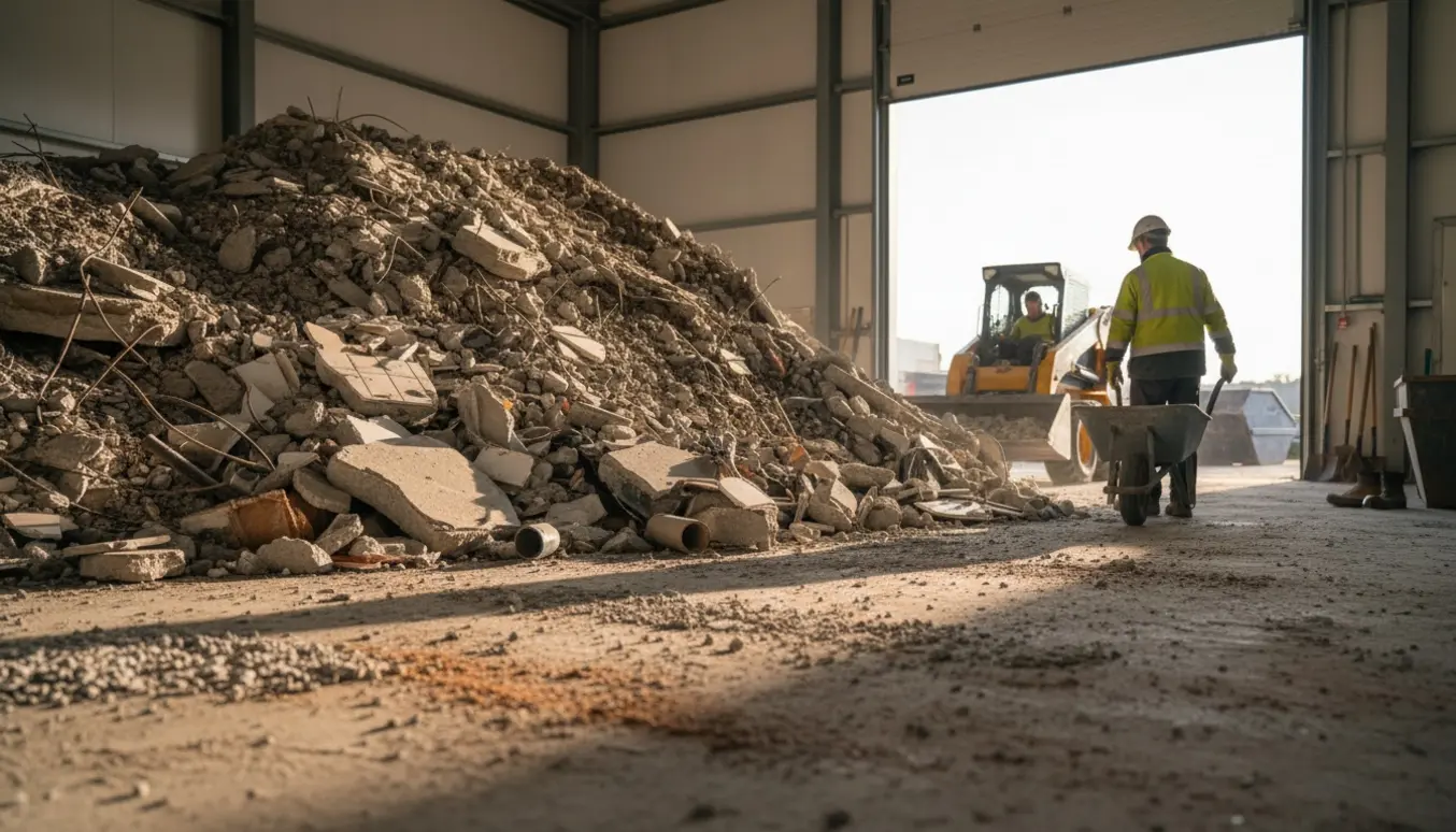 Bunke opbrudt beton og blandet byggeaffald ved en opgravet 100 m² gulv klar til bortkørsel.