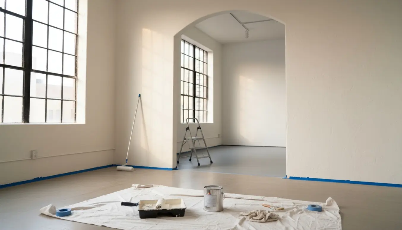 Tomt udstillingslokale med råhvide vægge og baglokale med gråt gulv og malerudstyr i forgrunden.