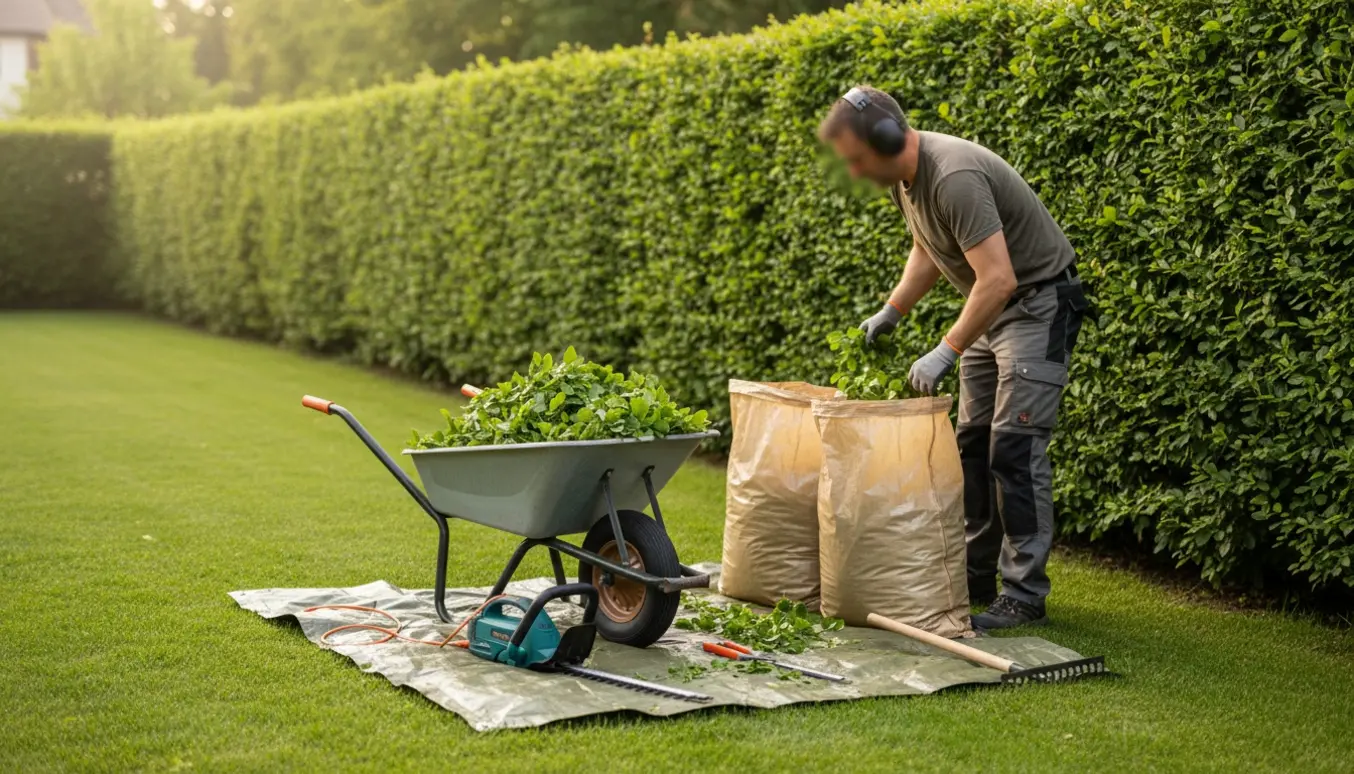 Nyligt klippet bøgehæk ved en forstadshave med trillebør og poser fyldt med afklip, set bagfra.