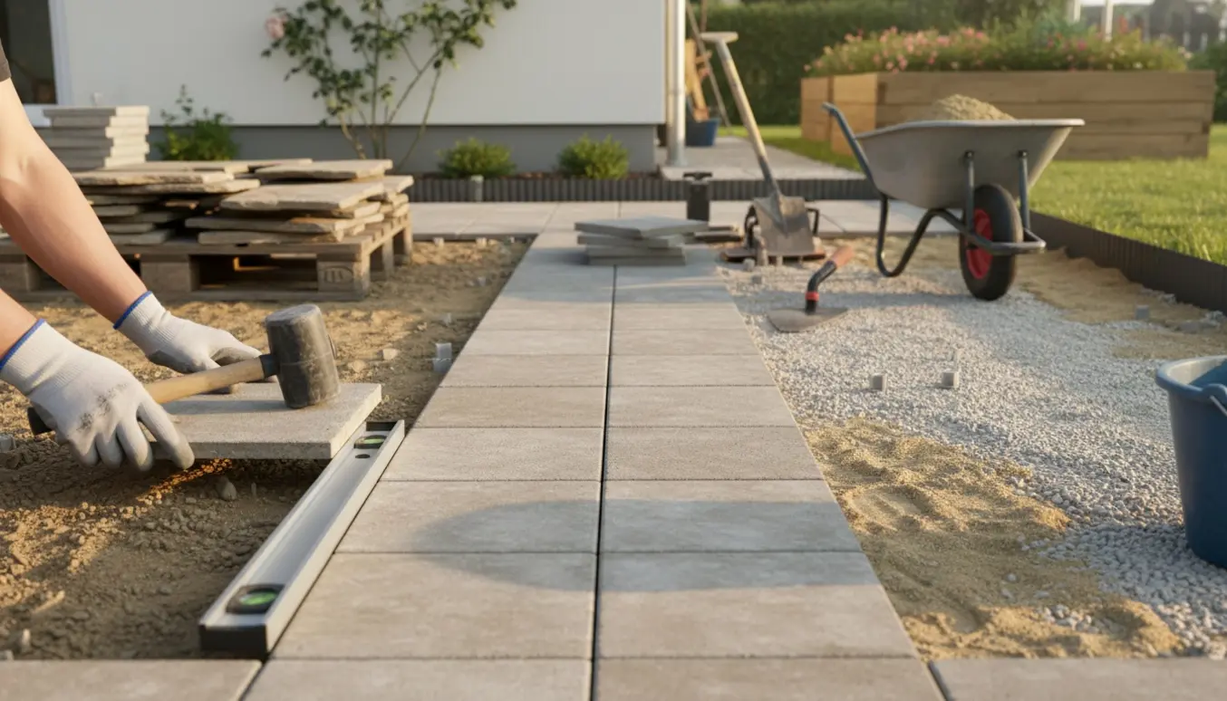 Haven med halvvejs fjernede gamle sten, udgravning og nysatte 30x30 cm fliser med værktøj.