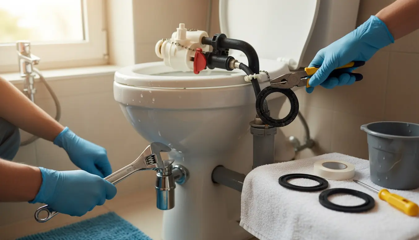 Åben toilettank og værktøj, hvor handsker løsner rørmanchetter og vandtilførslen er frakoblet.