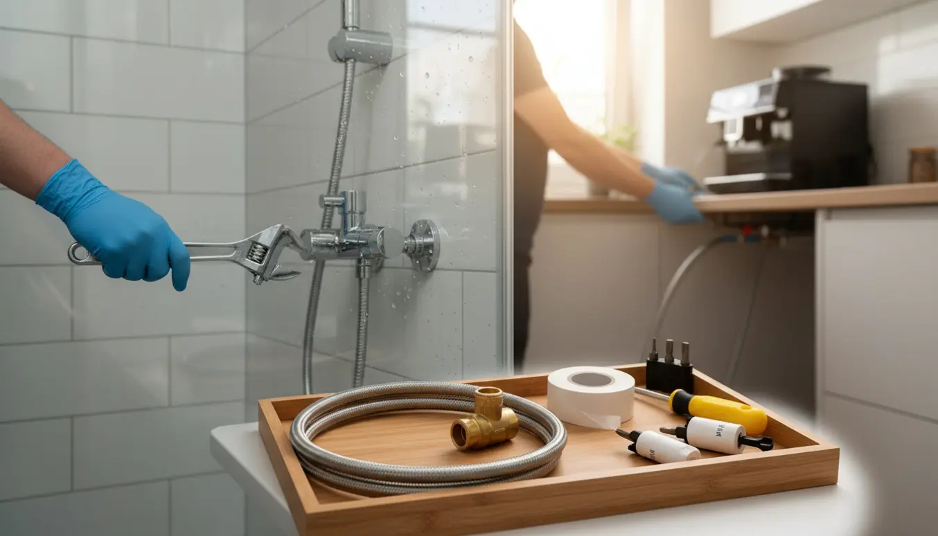 Nærbillede af udskiftning af brusertermostat med værktøj og forberedelse af fast vandtilførsel til en kaffemaskine samt to eksterne radiatorfølere.