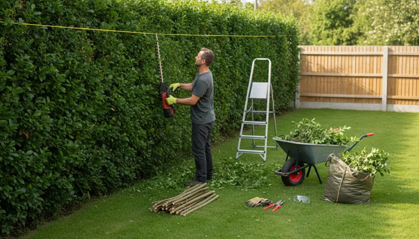 Nærbillede af en bøgehæk, hækkeklippere og en trillebør fyldt med afklippede grene i en ryddet have.