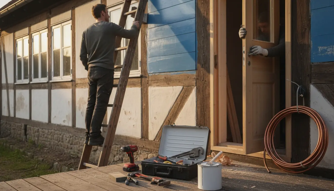 Handymand maler og reparerer en gammel træhusfacade i Valby med værktøj og åbent værktøjskasse i forgrunden.